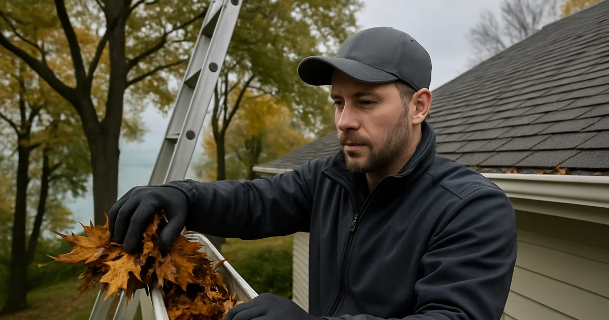 Gutter cleaning technician clearing leaves from a home's gutters near Sheboygan, WI