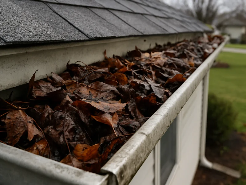 Before: gutter packed with wet leaves and debris