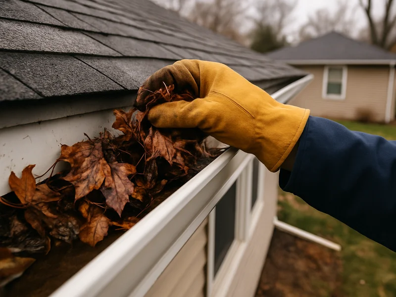 Before and after comparison of a clogged versus cleaned gutter on a Sheboygan, WI home