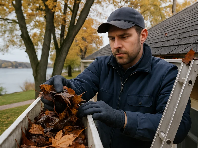 Technician cleaning a gutter on a home in Manitowoc, WI
