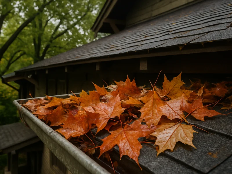 Clogged gutter full of wet leaves before cleaning in Sheboygan, WI