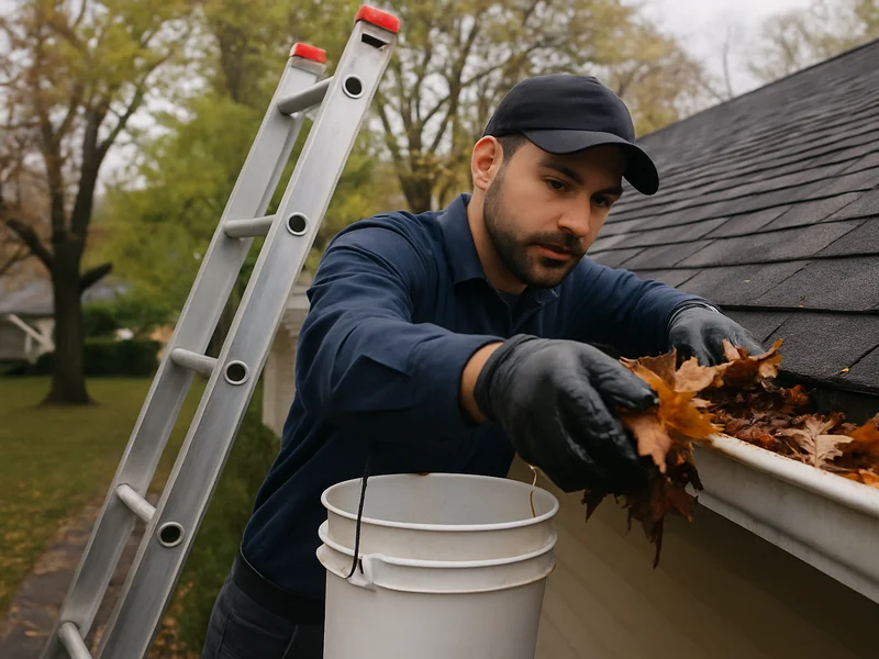 Technician removing wet leaves from a gutter by hand near Sheboygan, WI