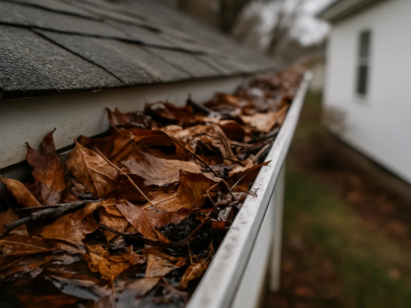 Before: unguarded gutter filling with wet leaves