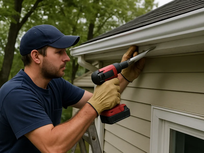 Technician repairing a gutter on a home in Manitowoc, WI