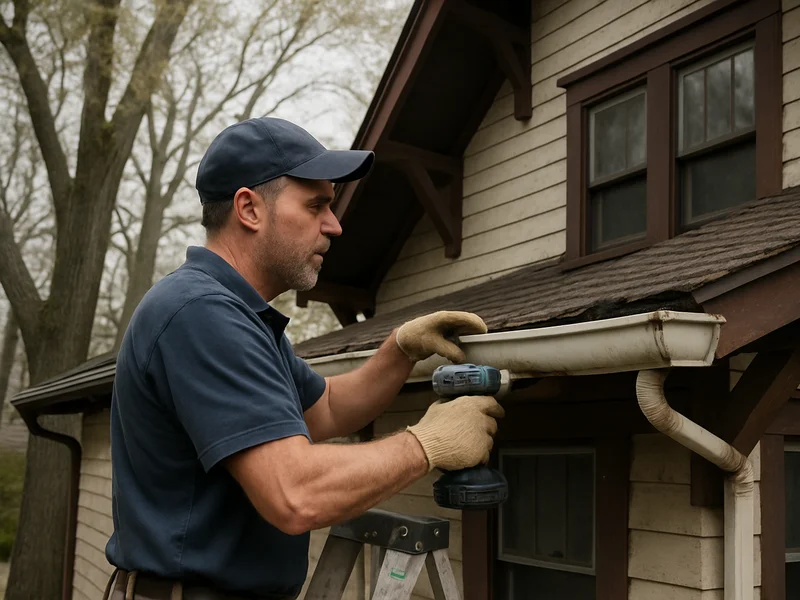 Technician repairing a gutter on a home in Sheboygan, WI