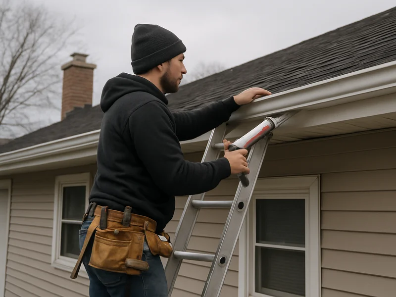 Technician repairing a sagging gutter section on a home near Sheboygan, WI